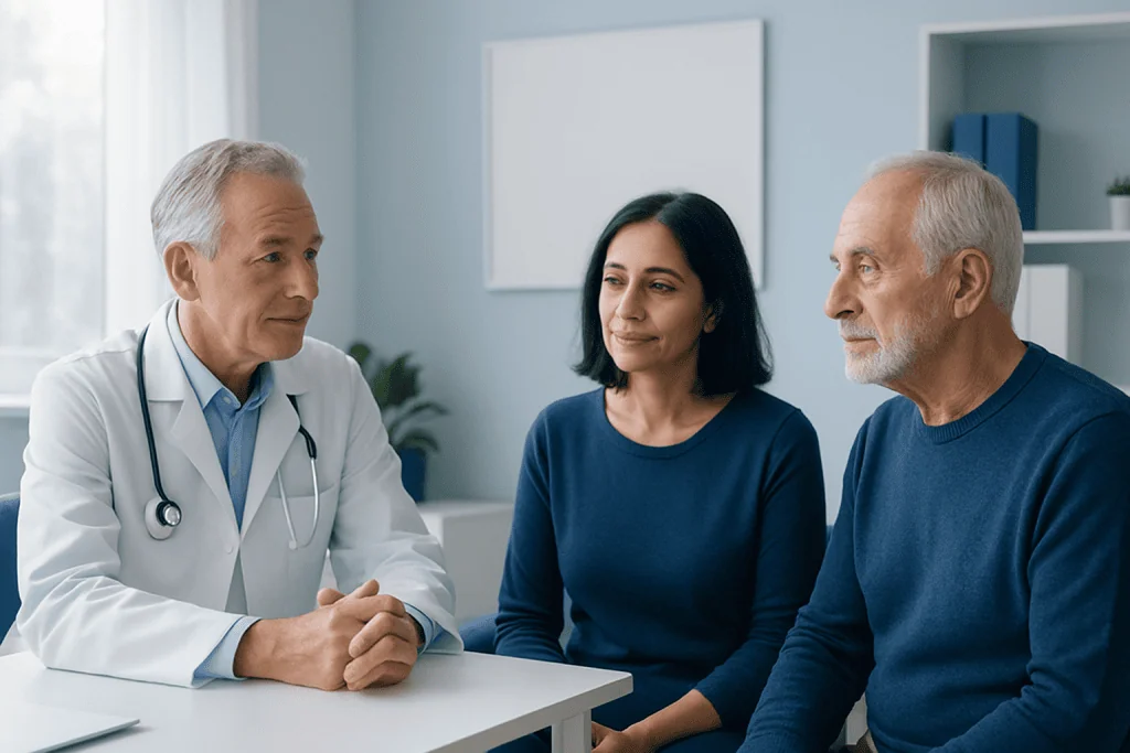 Doctor consulting with two elderly patients in a medical office.