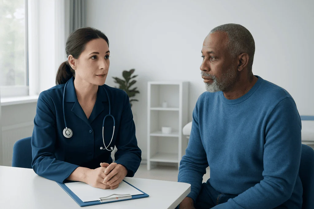 Doctor consulting with a patient in a medical office setting.