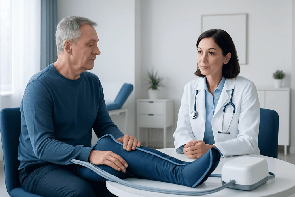 Doctor examining patient's leg with medical equipment in clinic.