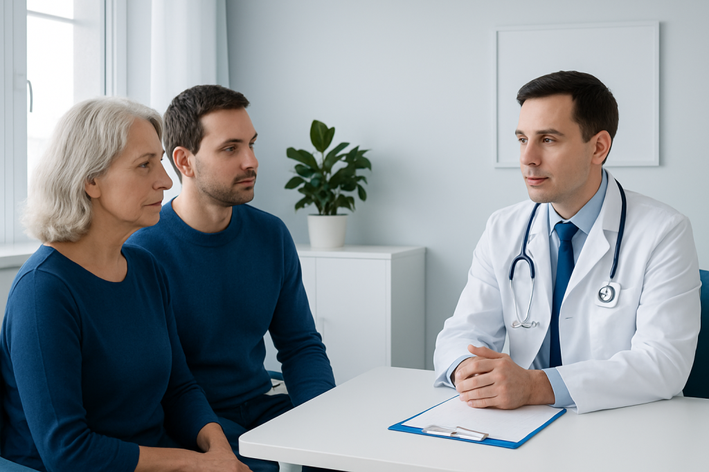 Doctor consulting with a patient and companion in a medical office.