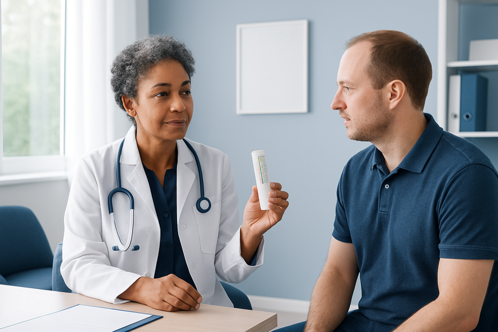 Doctor explaining peak flow meter to patient in consultation room.