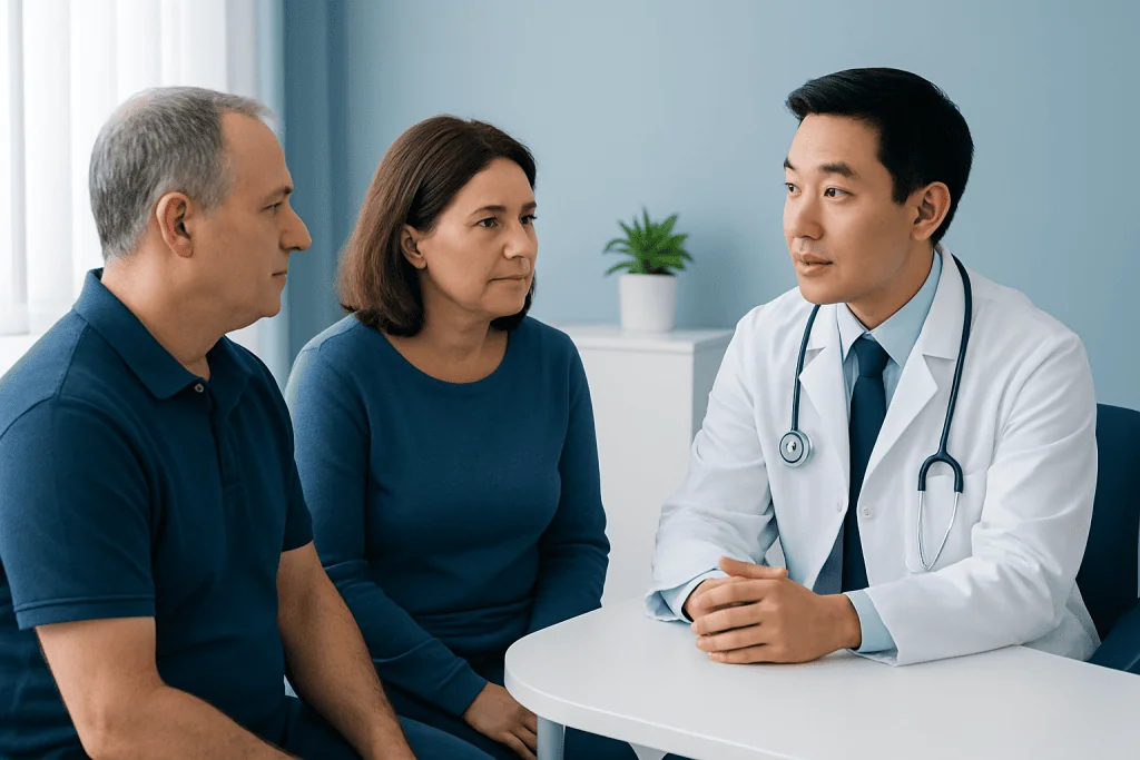 Doctor consulting with middle-aged couple in a medical office.