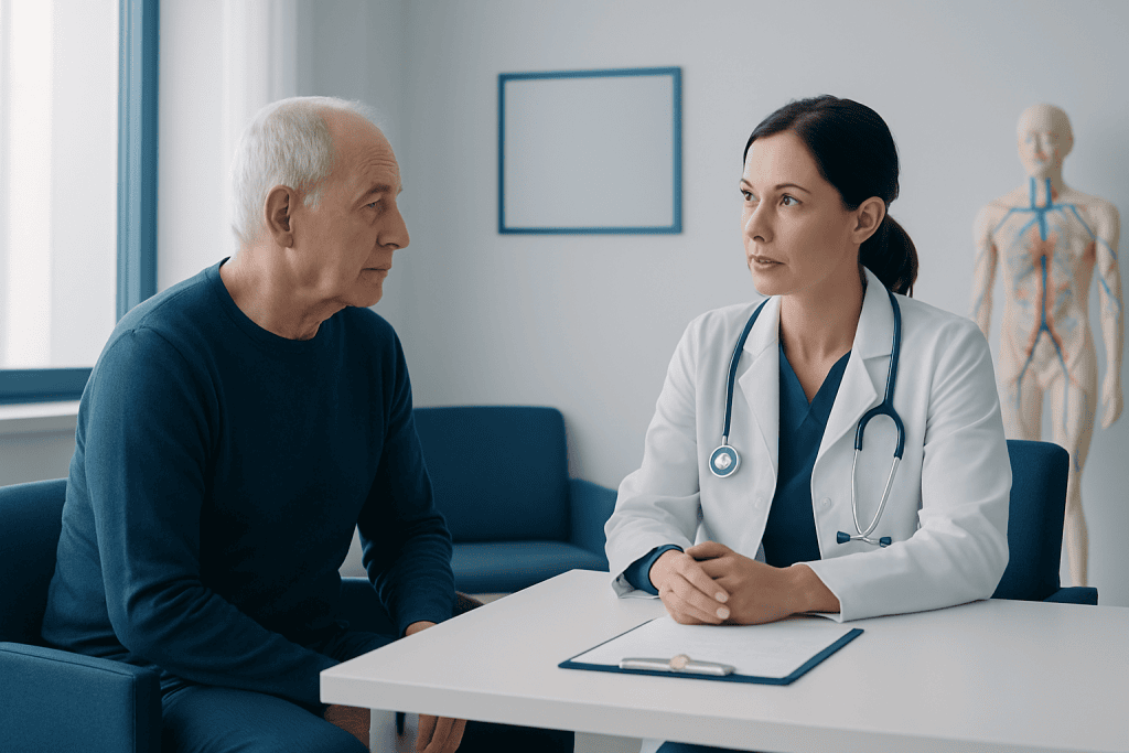 Doctor consulting with elderly male patient in a medical office.