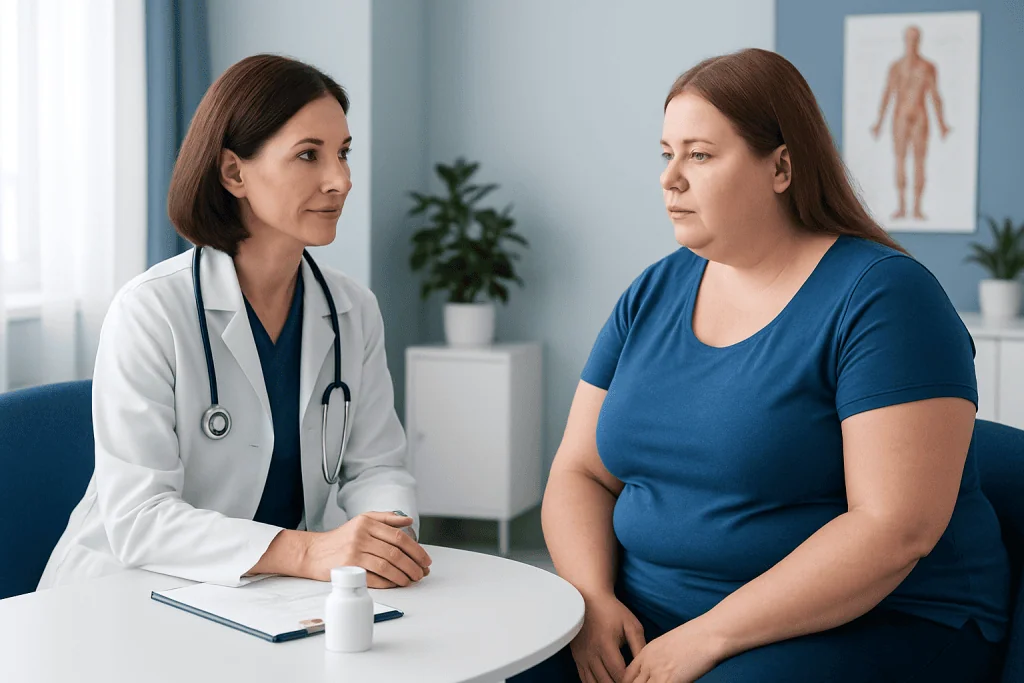 Doctor consulting a patient about weight management in a clinical setting.