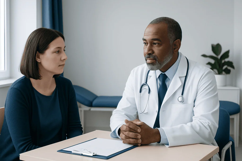 Doctor consulting with a patient in a medical office setting.