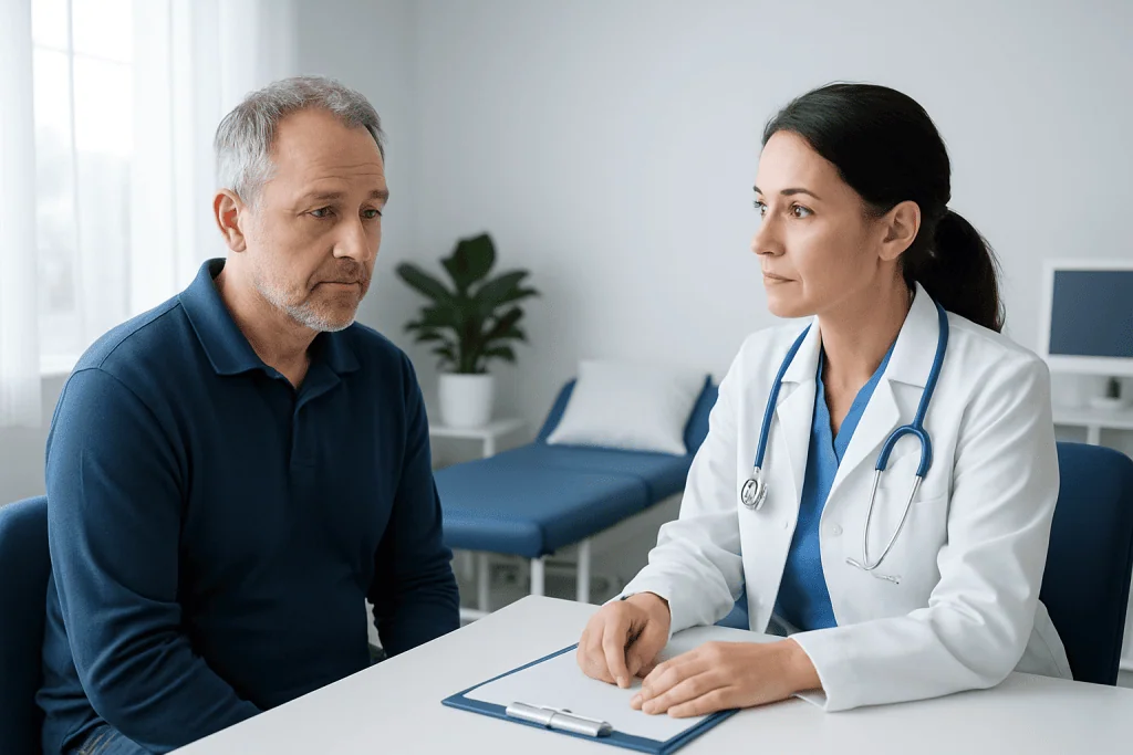 Doctor consulting with middle-aged male patient in clinic setting.