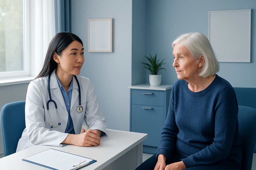 Doctor consulting with elderly patient in a modern clinic setting.