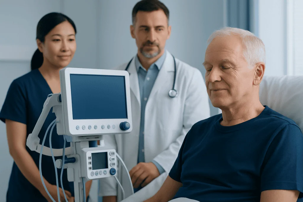 Doctor and nurse with elderly patient in hospital room with medical monitor.