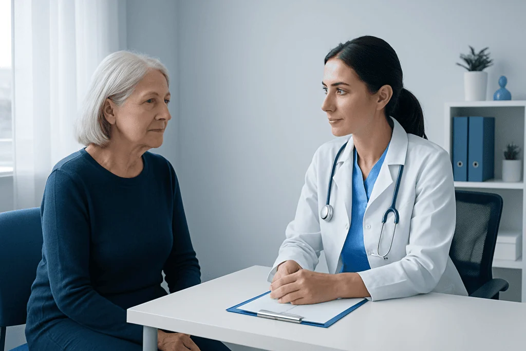 Doctor consulting with elderly woman in a medical office.