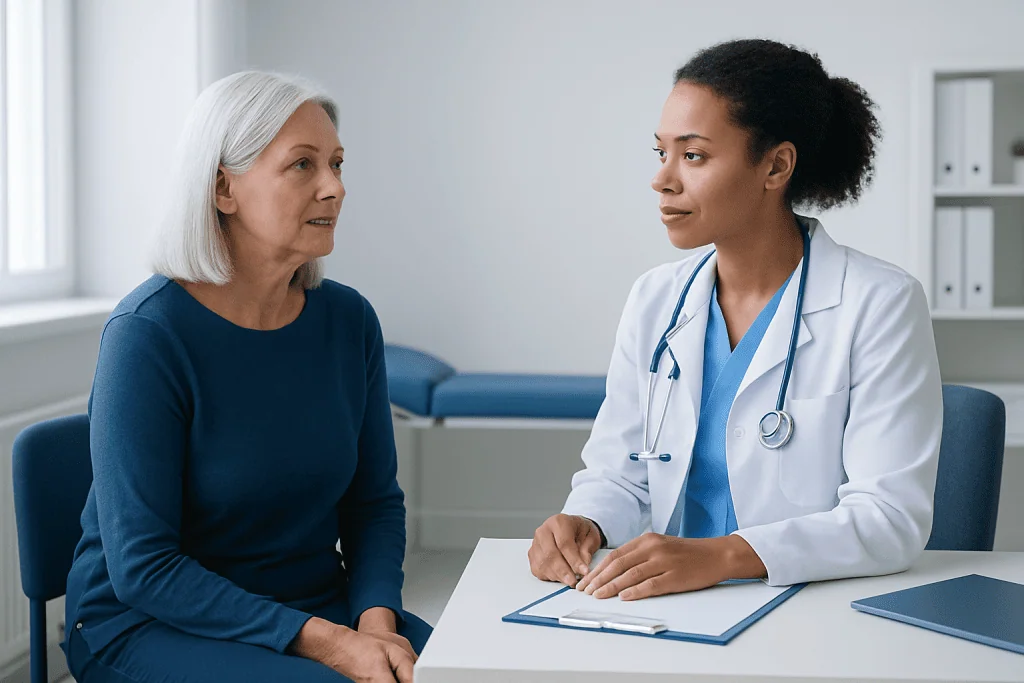 Doctor consulting with an elderly female patient in a medical office.