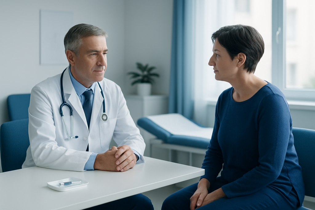Doctor consulting with a female patient in a medical office.