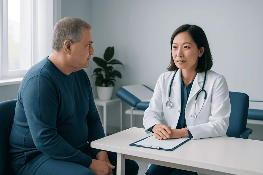 Doctor consulting with a male patient in a modern hospital room.