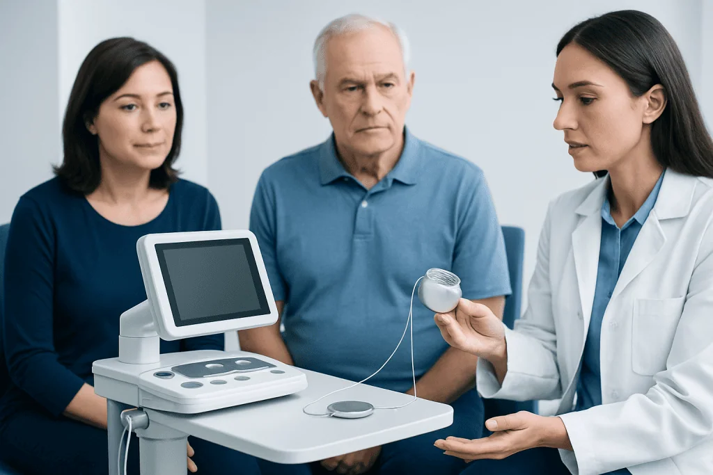 Doctor explains sacral neuromodulation device to patients in a clinical setting.