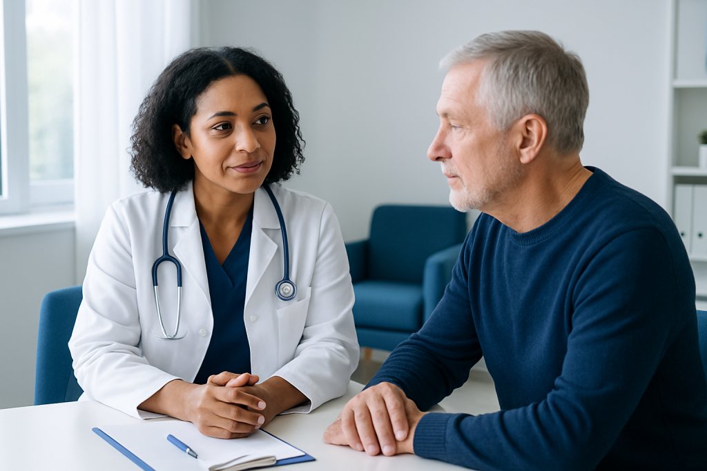 Doctor consulting with an older male patient in a medical office.