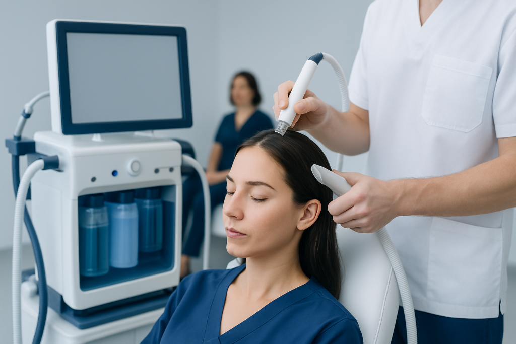 Medical professional performing scalp treatment on a patient in a clinical setting.