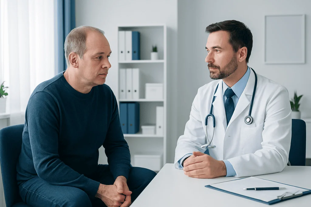 Doctor consulting with patient in a modern medical office.