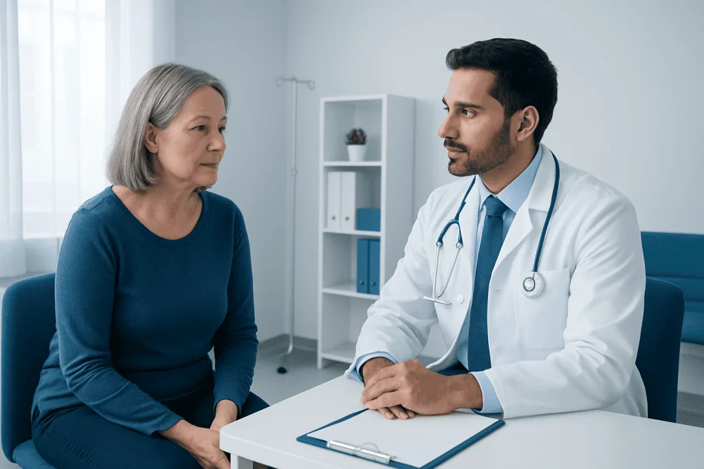 Doctor consulting with an elderly female patient in a medical office.