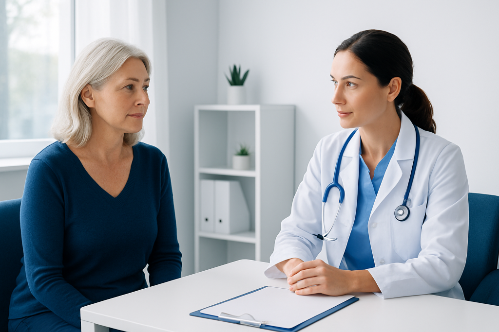 Doctor consulting with an older female patient in a medical office.
