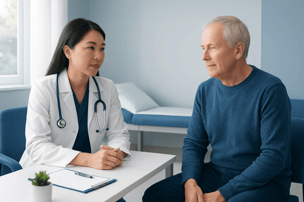 Doctor consulting with an elderly male patient in a hospital room.