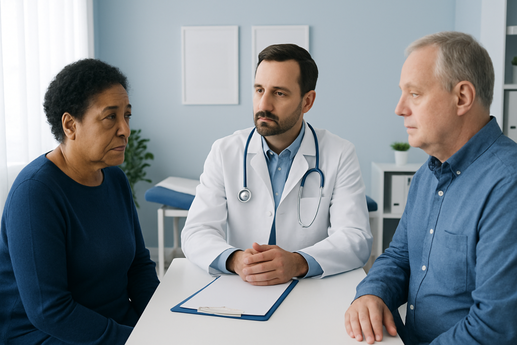 Doctor consulting with elderly patients in a medical office setting.