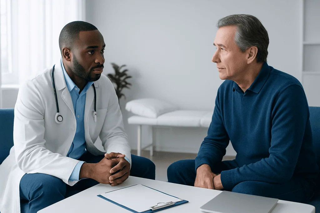 Doctor consulting with a male patient in a medical office setting.