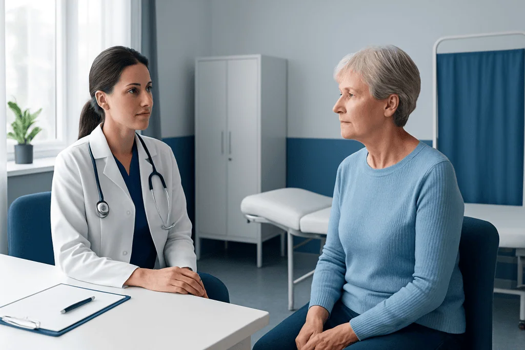 Doctor consulting with an elderly patient in a medical office.