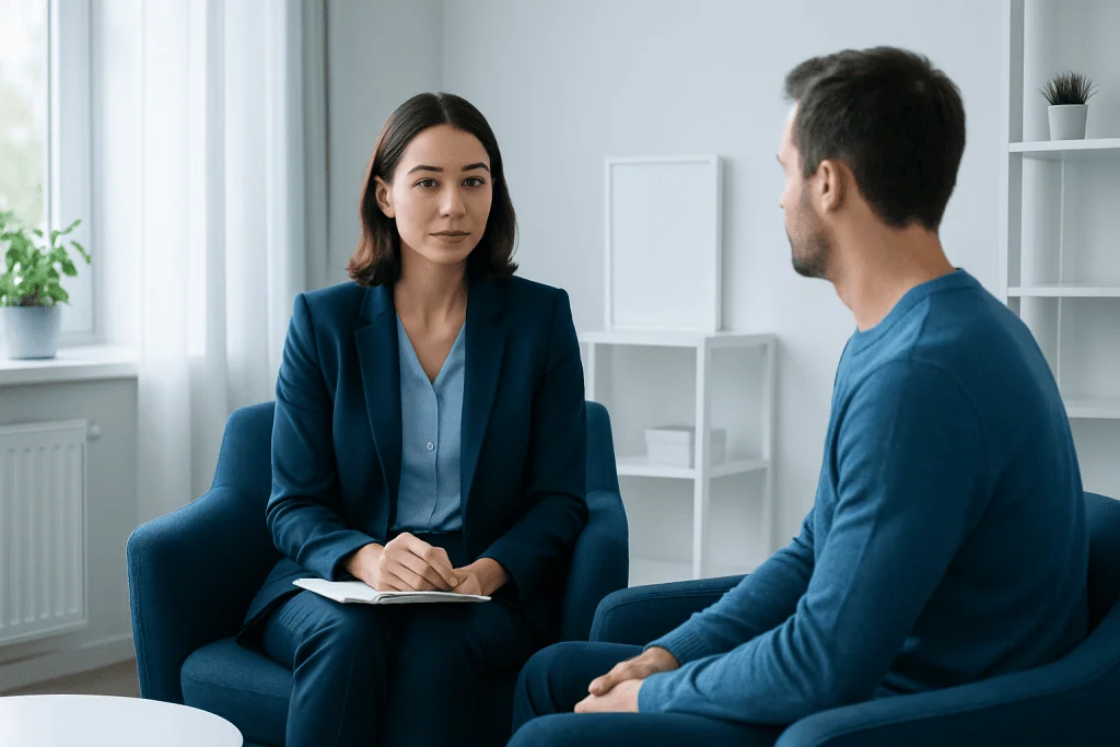 Therapist and patient in a counseling session at Acibadem Hospitals Group.