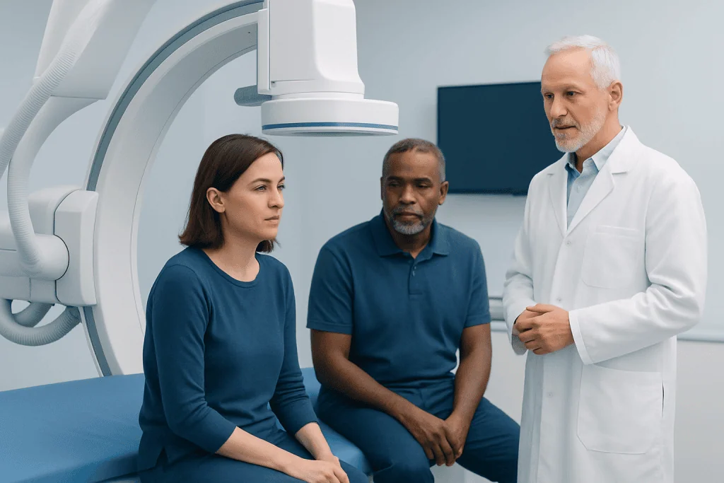 Doctor explaining brain aneurysm treatment options to patient in hospital.