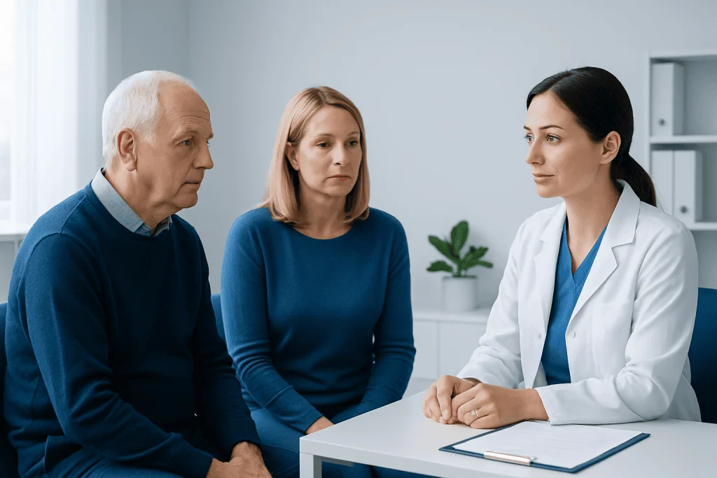 Doctor consulting with elderly male and female patients in a medical office.
