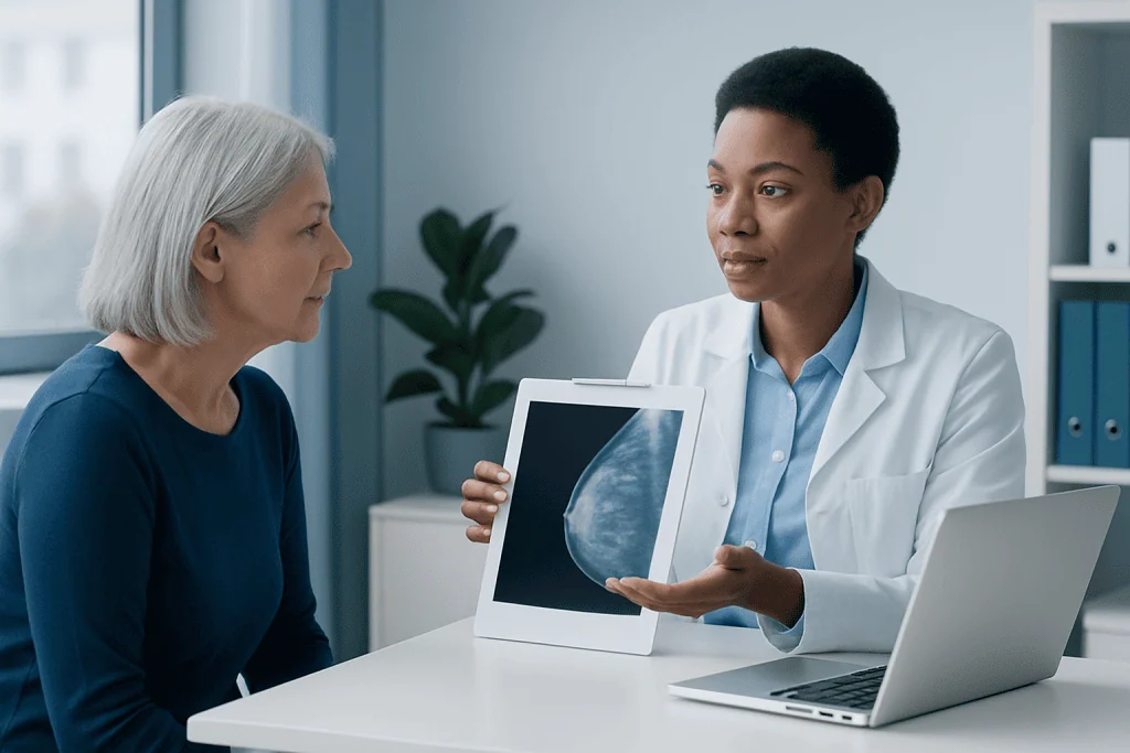 Medical professional explains breast tomosynthesis to patient in clinic.
