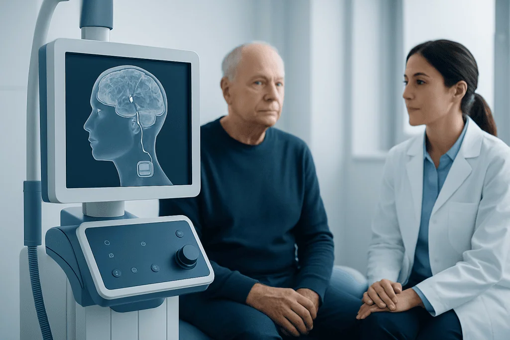 Doctor explaining neuromodulation to patient with brain scan image.