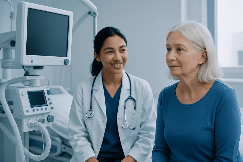 Doctor consulting with elderly patient in hospital room.