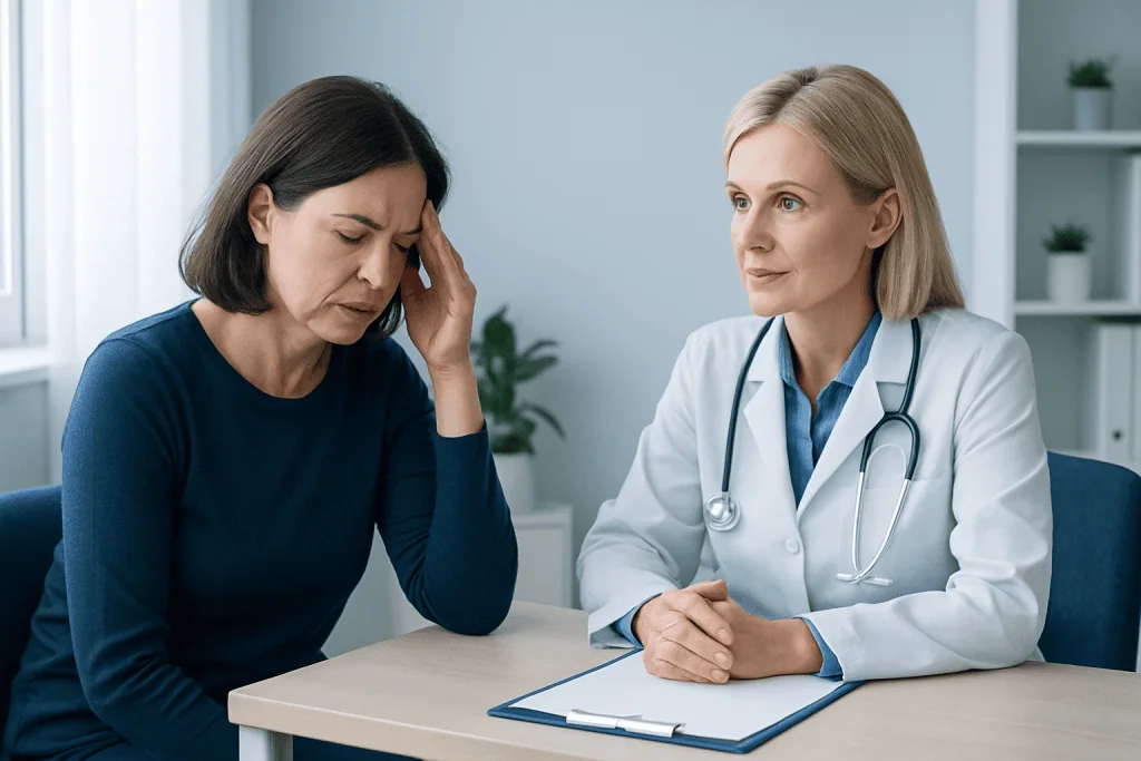 Doctor consulting with a woman patient experiencing headache pain.