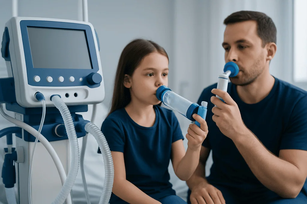 Child undergoing respiratory therapy with medical staff at Acibadem Hospital.