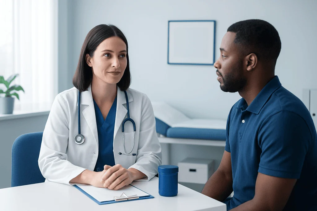 Doctor consulting with a patient in a modern clinic setting.