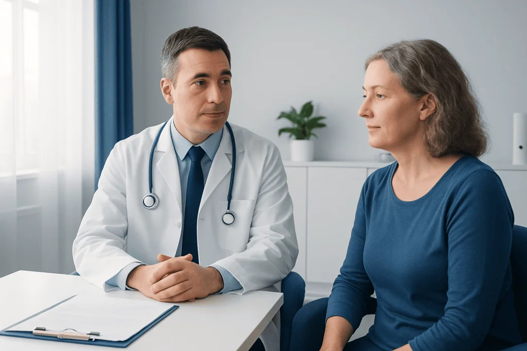 Doctor consulting with a female patient in a medical office.