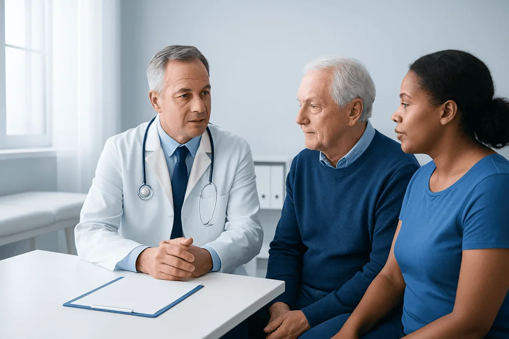 Doctor consulting with elderly male and female patient in a hospital room.