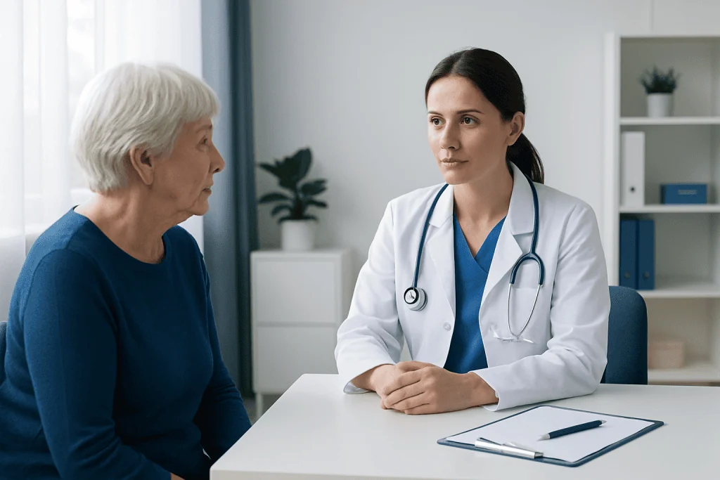 Doctor consulting with elderly patient in a medical office.