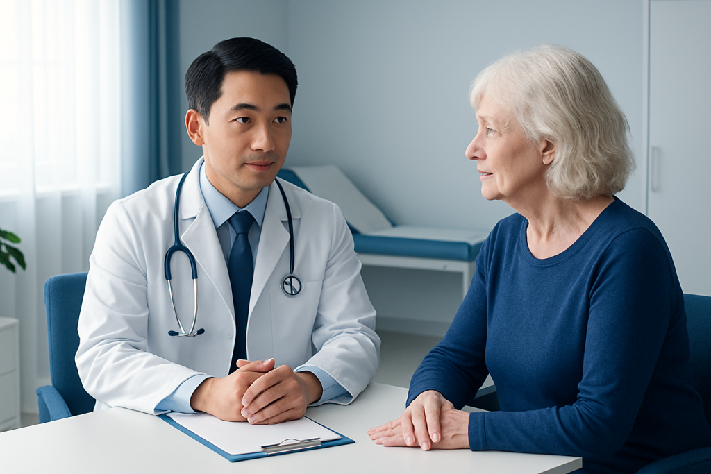 Doctor consulting with elderly female patient in a medical office.