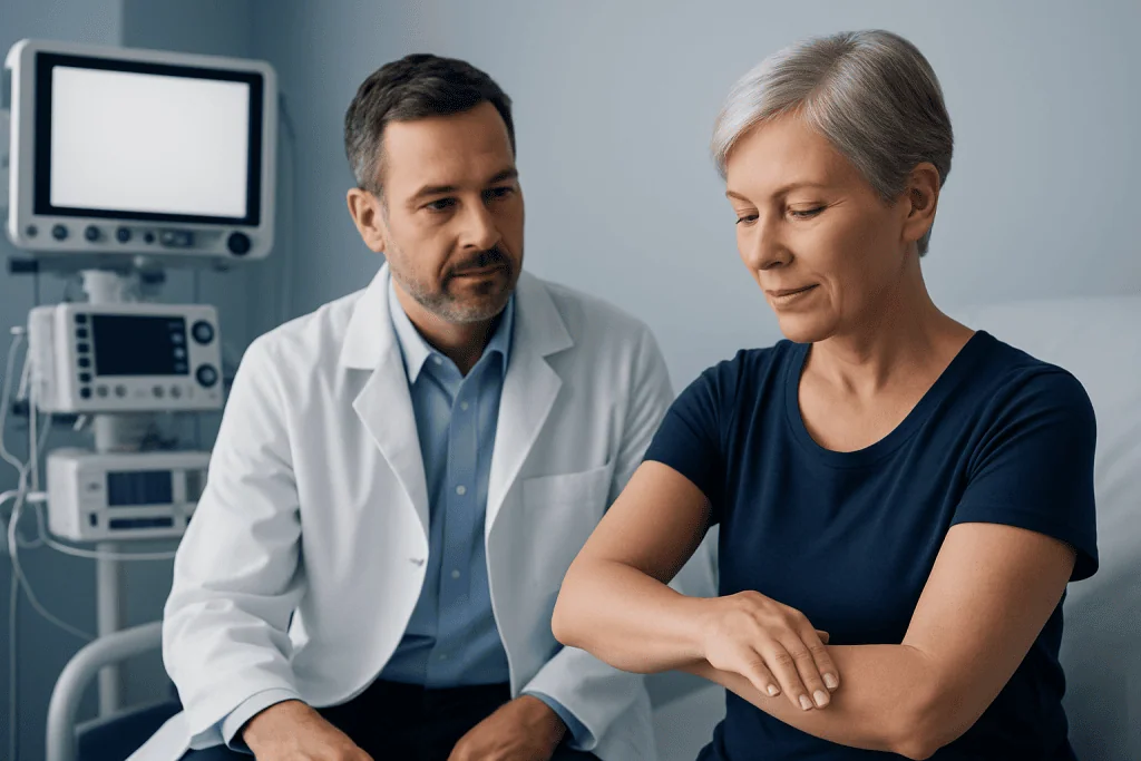 Doctor consulting with a patient in a hospital setting.