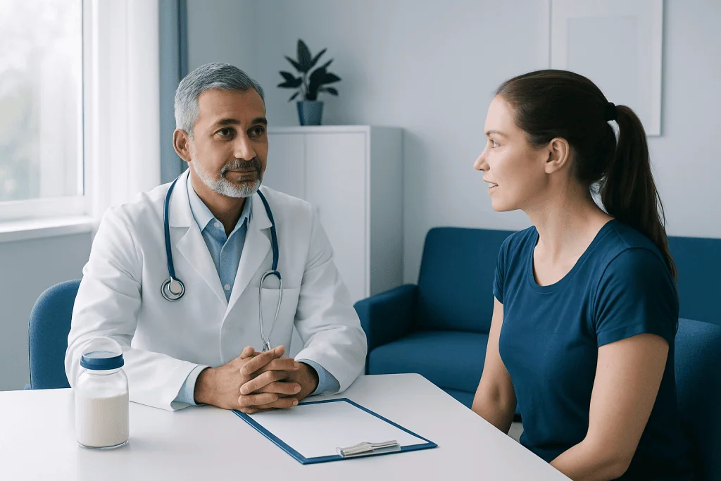 Doctor consulting with a female patient in a modern clinic setting.