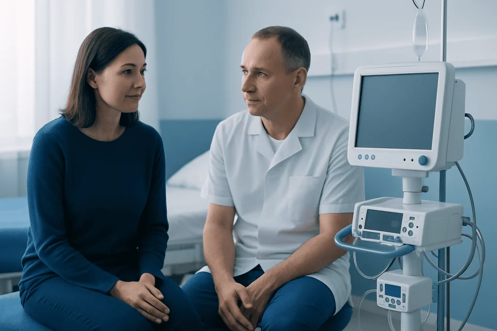 Doctor consulting a patient in a hospital room with medical equipment nearby.