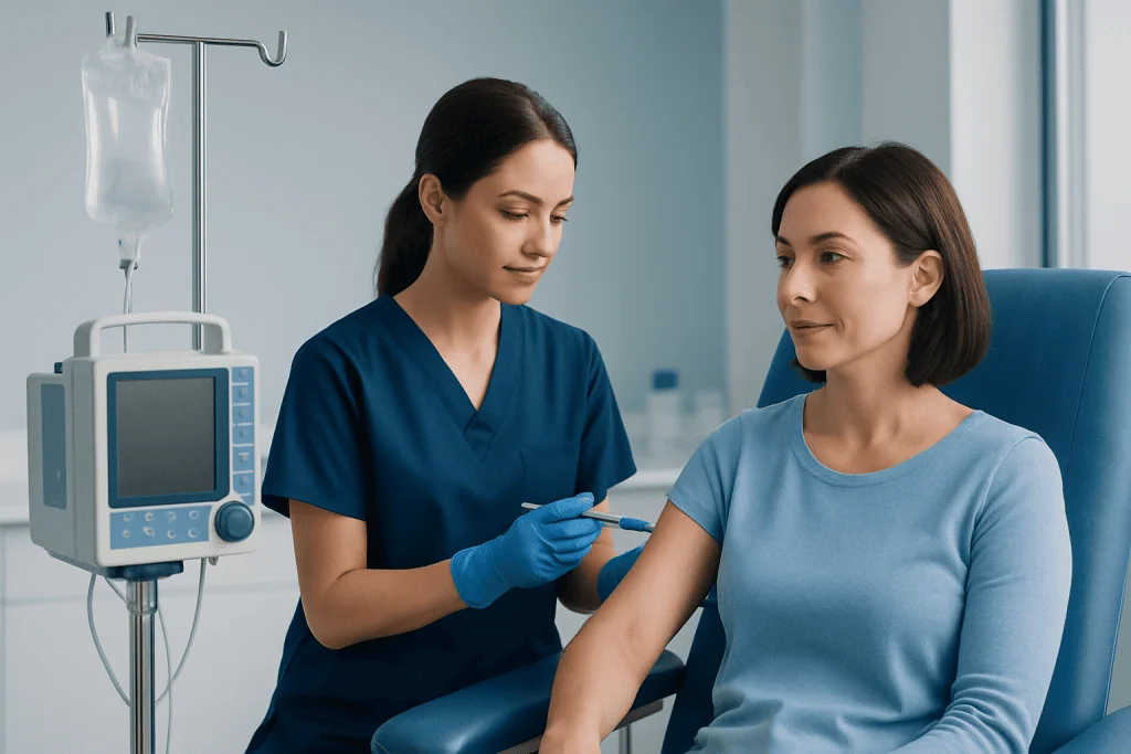 Nurse administering Xolair injection to patient in hospital setting.