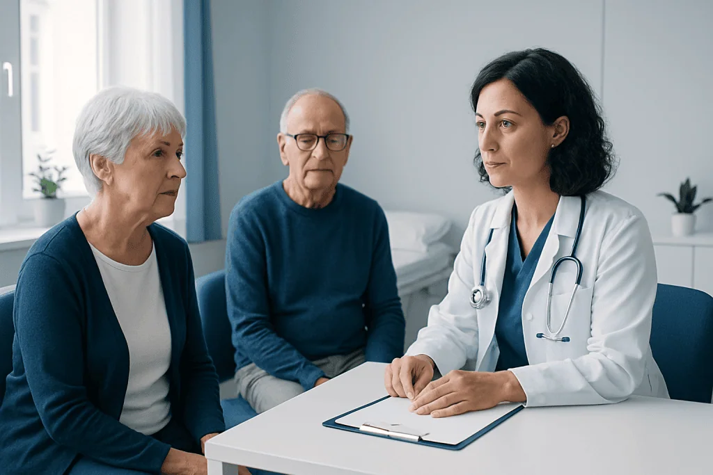 Doctor consulting with elderly couple in a medical office setting.