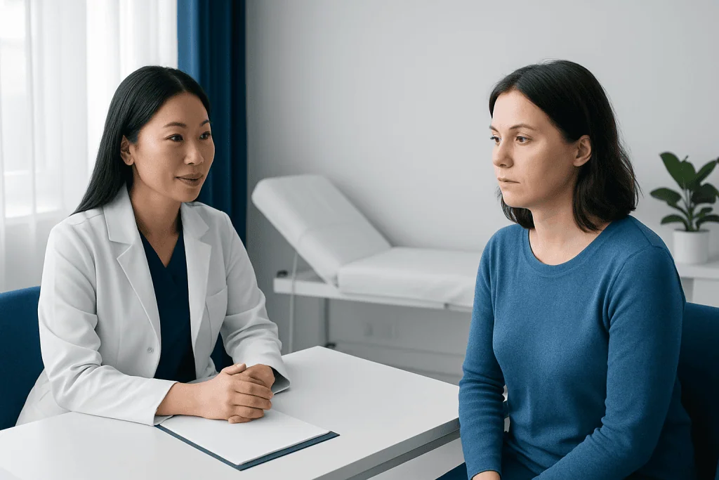 Doctor consulting with patient in a medical office setting.