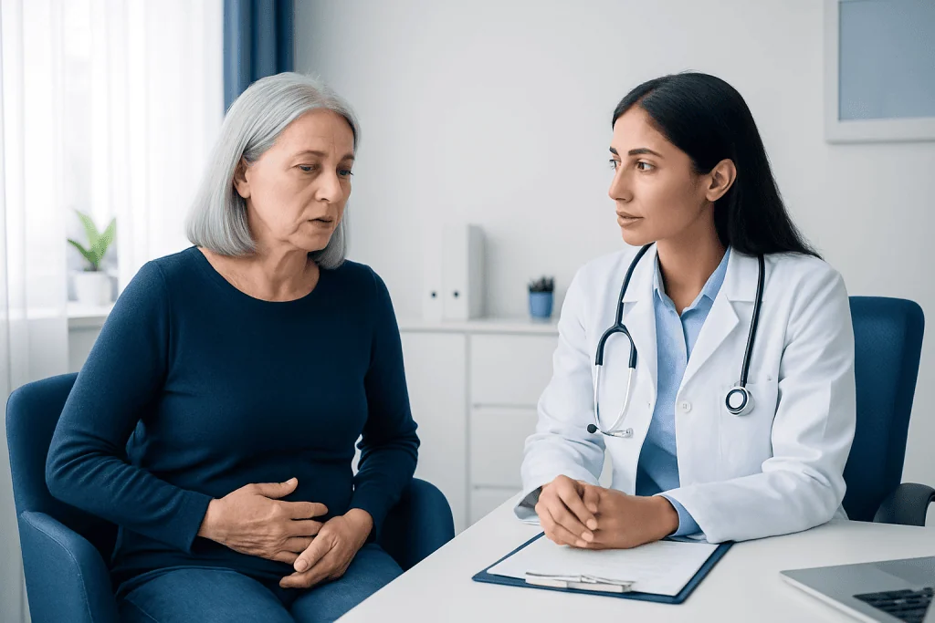 Doctor consulting with an elderly woman about health concerns.