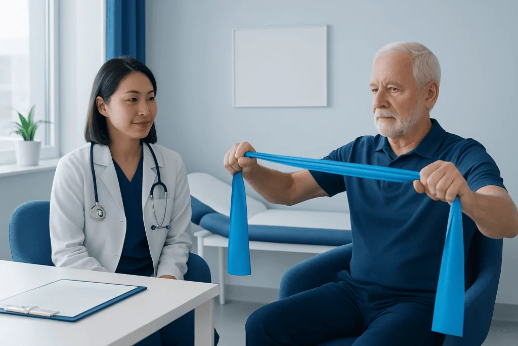 Senior man doing resistance band exercise with medical professional.