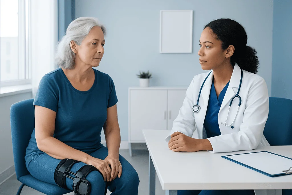 Doctor consulting with an elderly woman in a medical office.