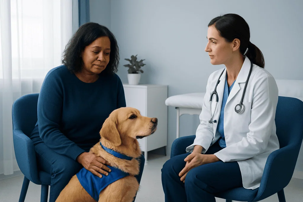 Therapist and patient with service dog in a consultation room.