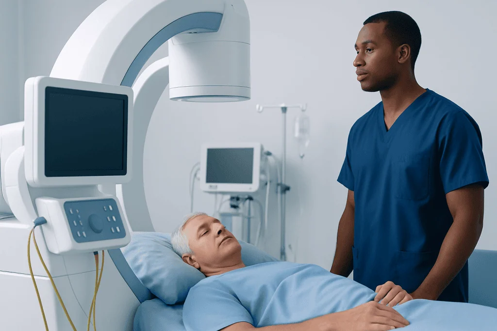Medical professional prepares patient for imaging procedure in hospital.
